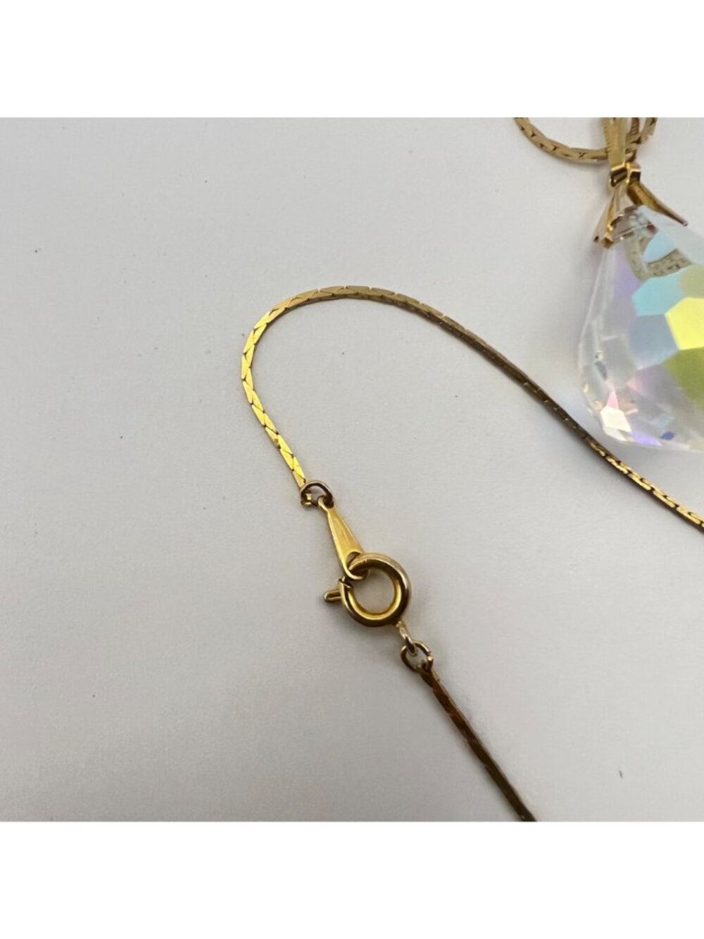 Vintage AB Crystal Teardrop Pendant Necklace Earrings Set Gold-Tone 24" Japan - Picture 9 of 11